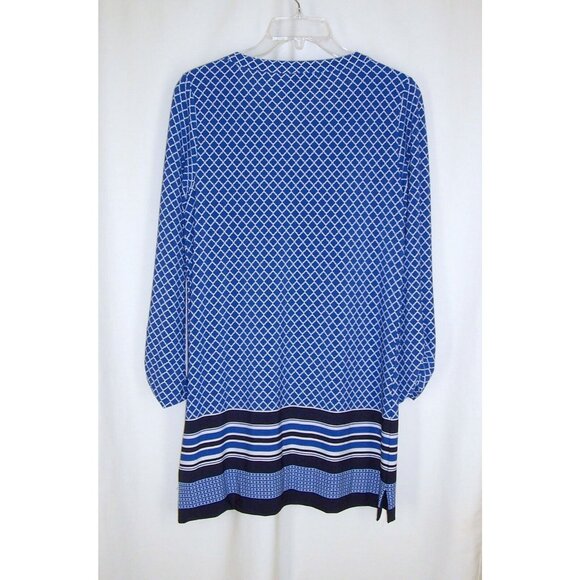 Anne Klein Blue Retro Shift Dress 4 Geometric Keyhole Neck Long Sleeve Stretch - Picture 8 of 11